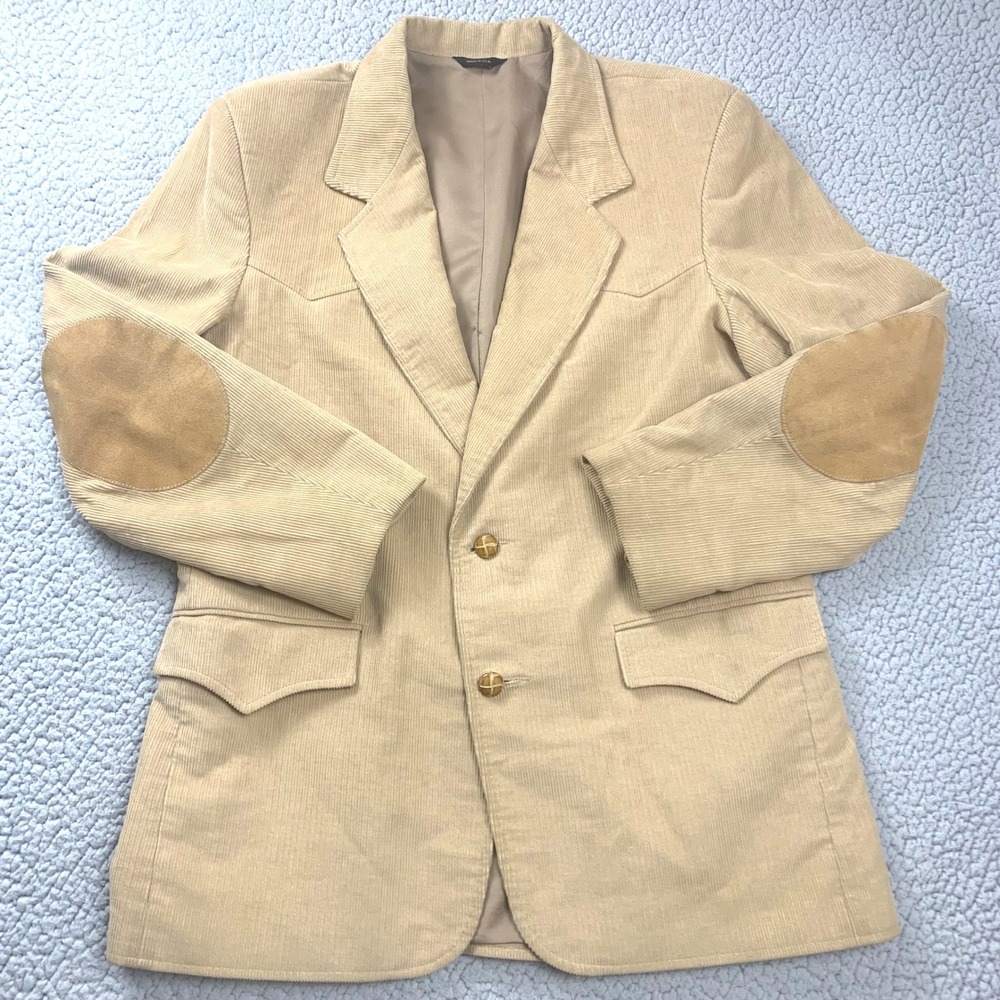 Vtg Pioneer Wear Western Blazer Mens 42 Tan Corduroy Leather Elbow Patch USA